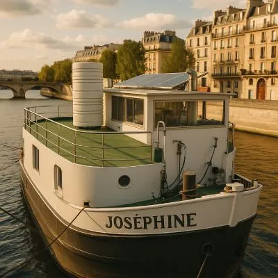 Péniche Joséphine en train de naviguer sur le Seine avec l'eau potable embarquée.