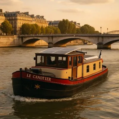 Péniche Le canotier sur la Seine avant le coucher du soleil.