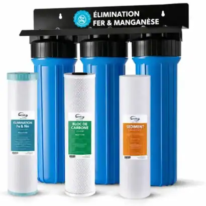 Filtre Big 20 Pouces Eau Maison - Impuretés, Charbon Actif, Fer et Manganèse - Boutique Diproclean Système de filtration d'eau domestique avec filtres pour éliminer fer, manganèse, impuretés et sédiments, assurant une eau propre et saine pour la maison.