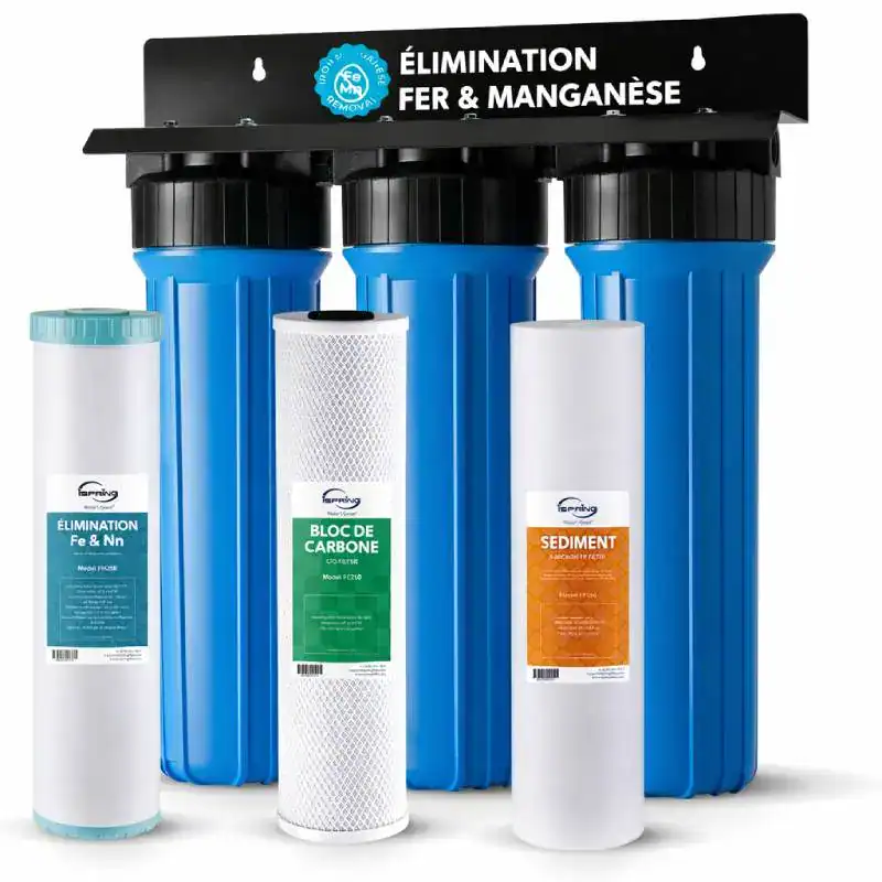 Filtre Big 20 Pouces Eau Maison - Impuretés, Charbon Actif, Fer et Manganèse - Boutique Diproclean Système de filtration d'eau domestique avec filtres pour éliminer fer, manganèse, impuretés et sédiments, assurant une eau propre et saine pour la maison.