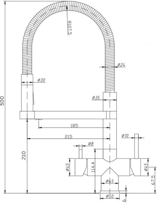 Côtes et dimensions du robinet 3 voies en inox.