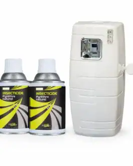 Diffuseur insecticide pour éliminer efficacement les insectes volants, idéal pour une utilisation en intérieur ou extérieur, avec deux bouteilles de produit insecticide.