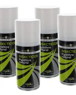Quatre aérosols d'insecticide à la pyrethre naturelle de 150 ml, parfaits pour une protection efficace contre les insectes, idéal pour un usage domestique ou professionnel.