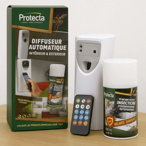 diffuseur automatique avec son aérosol insecticide au pyrèthre naturel contre les mouches.