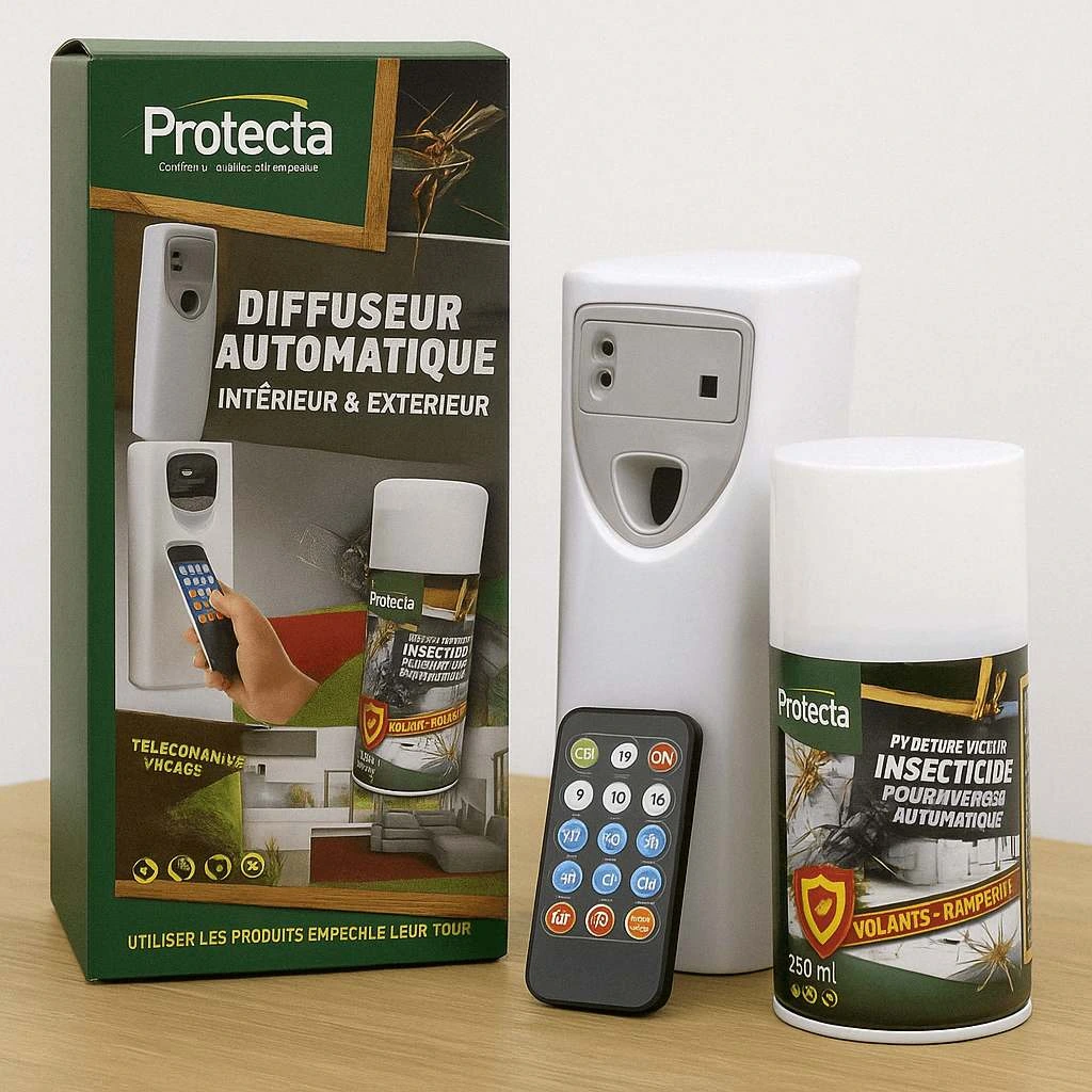 diffuseur automatique avec son aérosol insecticide au pyrèthre naturel contre les mouches.