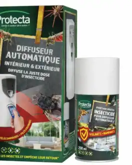 Protecta diffuseur insecticide automatique intérieur extérieur, élimine efficacement les mouches et insectes nuisibles, avec aérosol au pyrèthre pour une protection optimale.