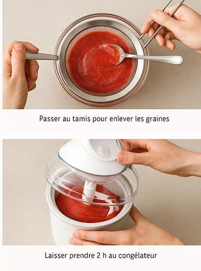 Recette de sorbet de fraises avec de l'eau osmosée en phase finale.