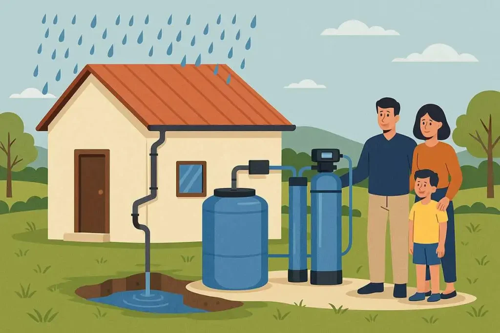 Système de filtration d'eau de pluie pour utiliser l'eau à la maison.