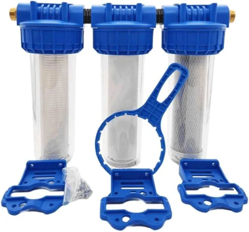 triple porte-filtre eau de pluie avec cartouches impuretés et charbon actif.