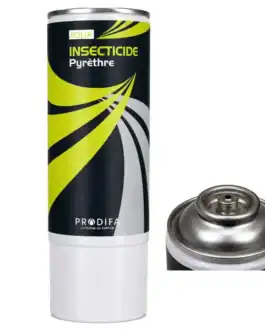 Spray insecticide Pyrethre en a&eacute;rosol, id&eacute;al pour la lutte contre les insectes nuisibles, utilis&eacute; dans les solutions de d&eacute;sinsectisation professionnelles.