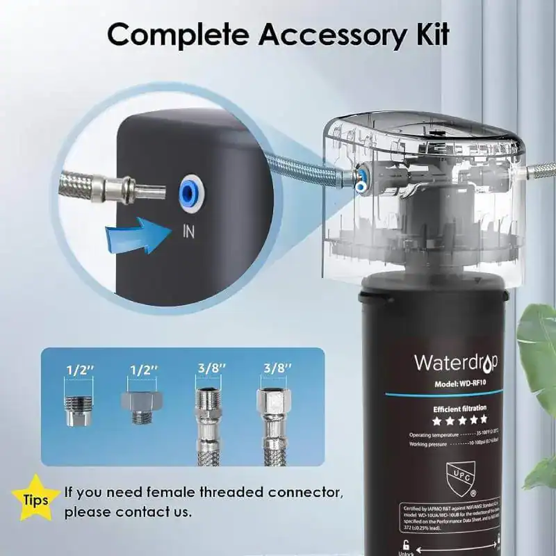 accessoires-10UA-connexion - Boutique Diproclean Filtre d'accessoire complet pour système de filtration d'eau Waterdrop, avec connecteurs femelles et mâles, idéal pour améliorer la qualité de l'eau domestique.