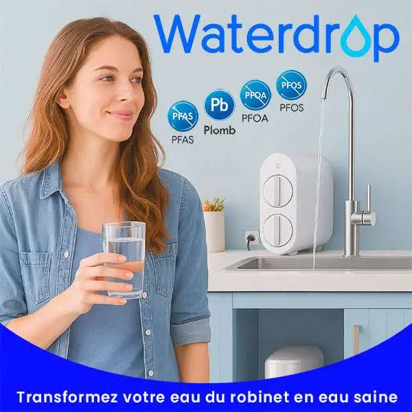 image femme en train de boire de l'eau de l'osmoseur Waterdrop.