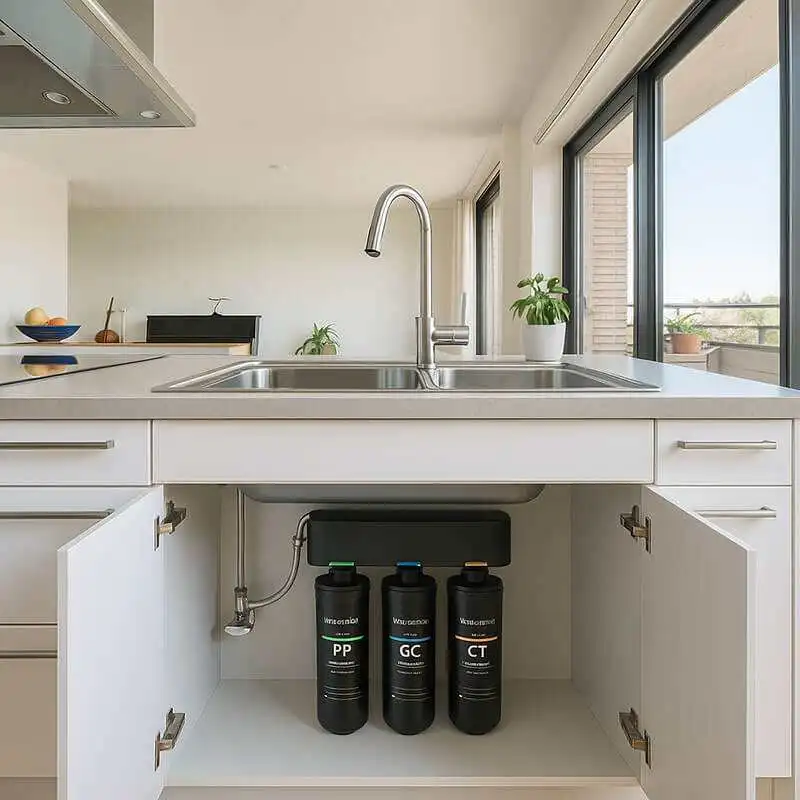 Purificateur 3 étapes Waterdrop installé sous l'évier.
