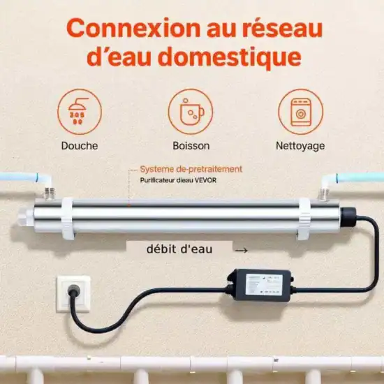 Filtre d'eau domestique avec système de traitement VEVOR pour douche, boisson et nettoyage - connexion réseau d'eau potable rapide et efficace, solution de purification performante pour un usage quotidien optimal.