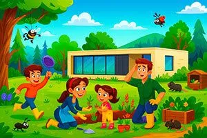 Maison où une famille cultive dans le jardin au milieu des insectes.