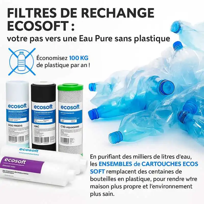 Avantages des filtres Alkafuse de chez Ecosoft pour remplacer les bouteilles d'eau.