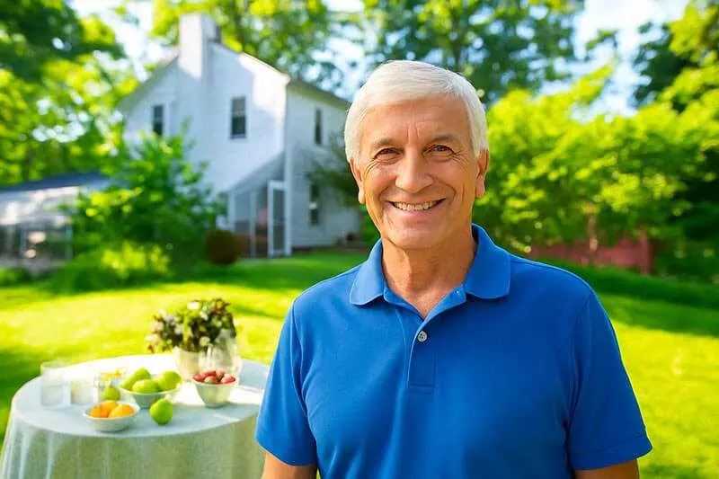 Homme devant sa maison.