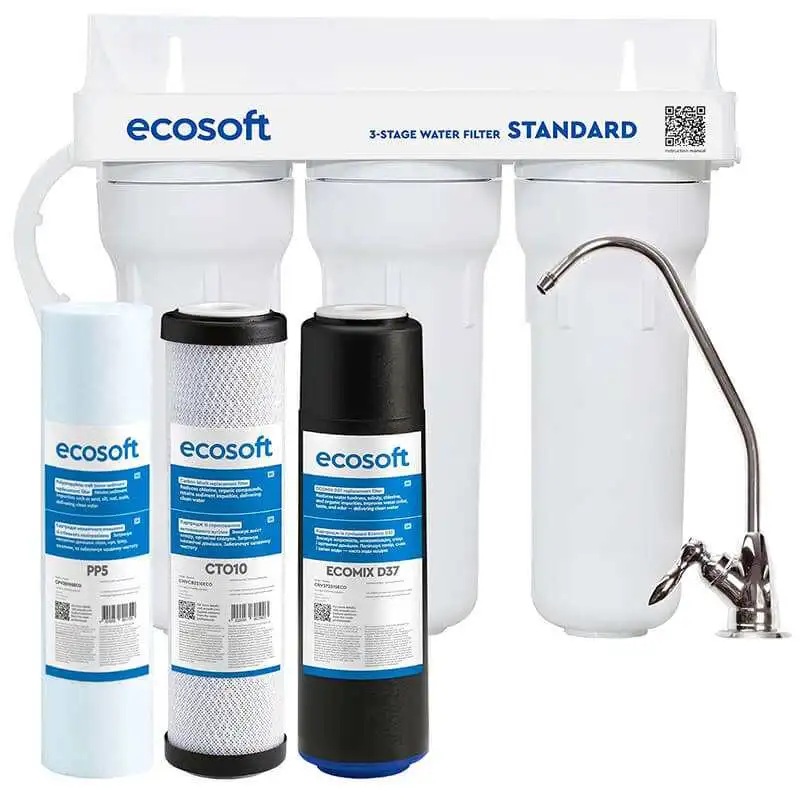 purificateur-sous-evier-ecomix - Boutique Diproclean Purificateur sous évier 3 niveaux avec cartouches anti-chlore et anti-tartre.