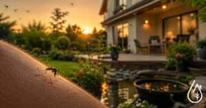 Moustique posé sur la peau près d'un jardin résidentiel au coucher du soleil, illustrant la nuisance des moustiques en extérieur.