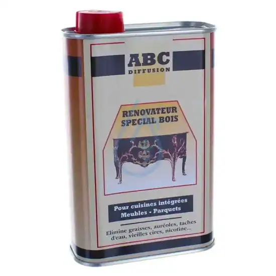 ABC diffusion rénovateur bois pour cuisines intégrées, meubles et parquets, élimine graisses, auréoles, taches d'eau, vieilles cires, nicotine, convient pour entretien et rénovation.