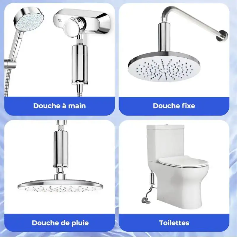 applications-filtre-douche-eau - Boutique Diproclean Robinet de douche à main pour lavabo, douche fixe, pomme de douche de pluie, toilette moderne, équipements sanitaires en acier inoxydable pour salle de bain.