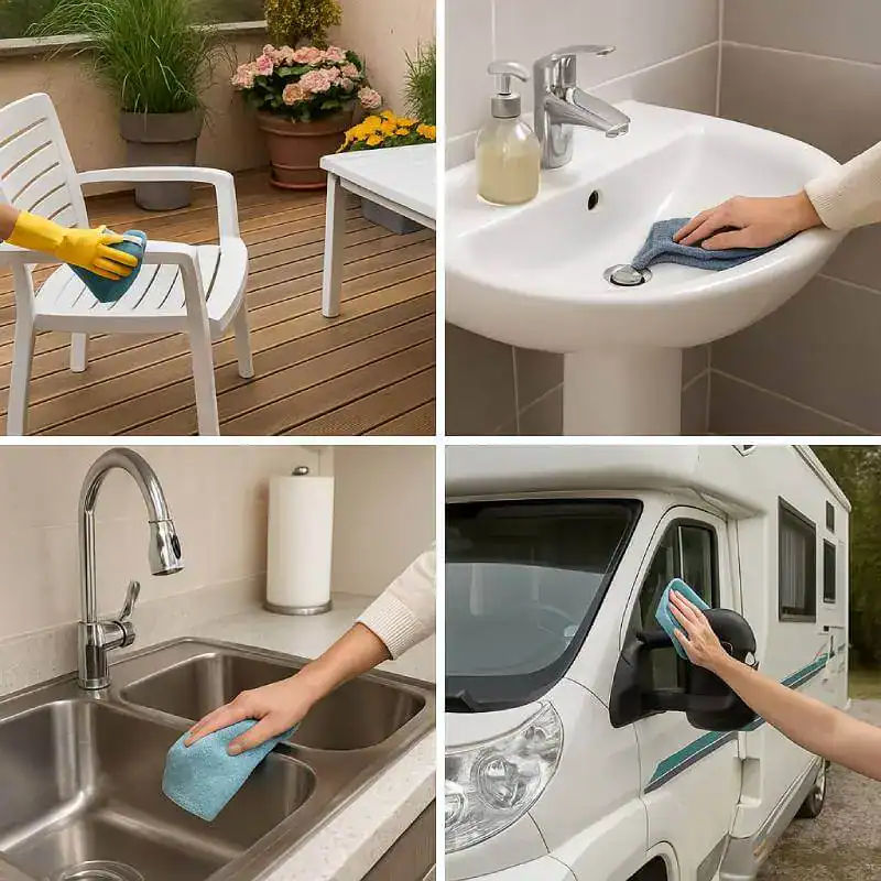 Nettoyage terrasse avec brosse et savon, nettoyage lavabo avec chiffon, désinfection évier avec chiffon, nettoyage véhicule en extérieur avec chiffon pour ESSENTIEL PROPRE.