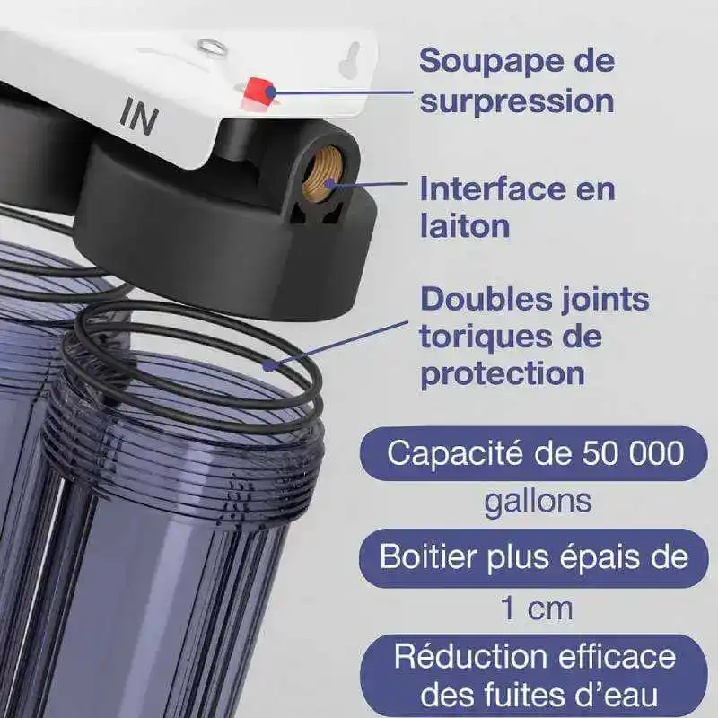 Filtre à eau industriel pour city, avec soupape de surpression, interface en laiton, doubles joints toriques de protection, capacité de 50 000 gallons, boîtier épais de 1 cm, réduction efficace des fuites d’eau.