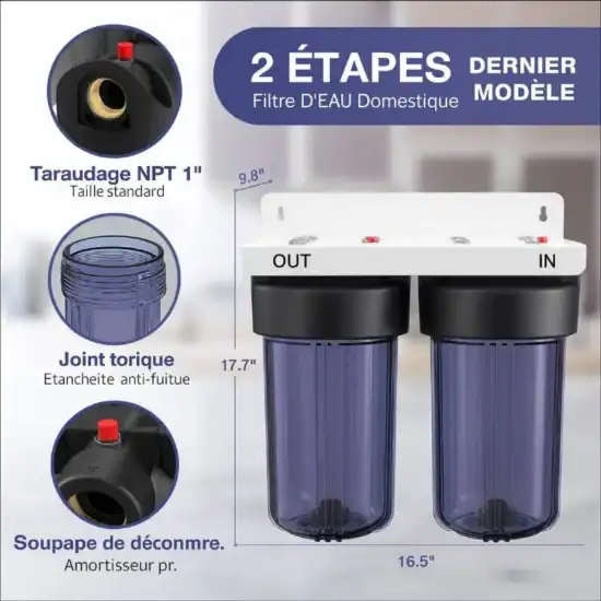 Filtre d'eau domestique Diproclean, système de double étape avec joint torique et soupape de décompression, idéal pour un traitement efficace de l'eau à la maison, compatible avec le modèle le plus récent.