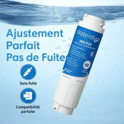 FiltreWaterdrop WD-F25 filtrant pour eau, sans fuite, compatibilité parfaite, améliore la qualité de l'eau potable.