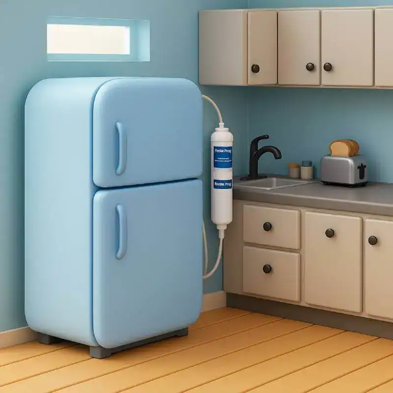 cuisine-3D-filtre - Boutique Diproclean Réfrigérateur vintage dans une cuisine colorée, avec un filtre à eau installé.