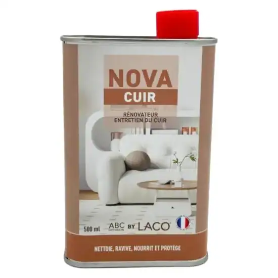 Nova cuir, rénovateur entretien du cuir, produit de nettoyage et protection pour meubles en cuir, revitalise et nourrit, disponible chez Diproclean Boutique, 500ml.