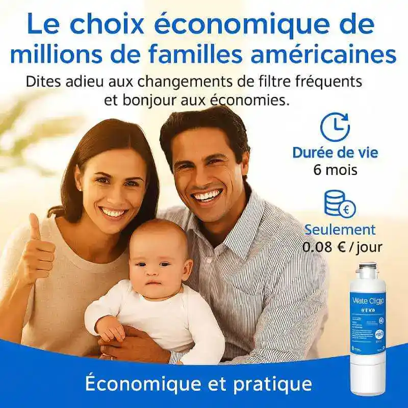 famille-filtres-frigo-usa - Boutique Diproclean Filtres à eau économiques pour familles américaines, durent 6 mois à seulement 0,08 €/jour, une solution pratique pour économiser et profiter d'une eau purifiée.