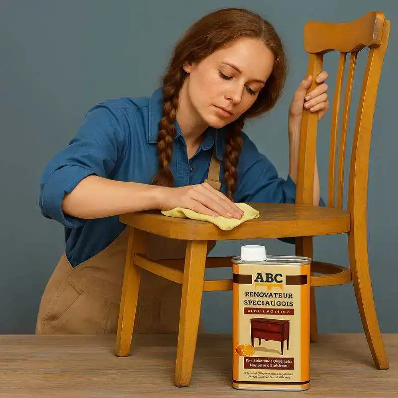 Femme nettoyant une chaise en bois avec un produit de nettoyage spécial, utilisant une éponge pour éliminer la saleté, pour un entretien professionnel du mobilier en bois.