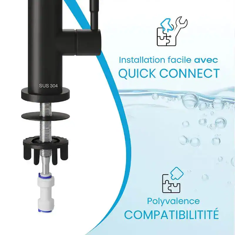 fixation-robinet-osmoseur - Boutique Diproclean Installation facile robinet cuisine avec Quick Connect, compatible avec de nombreux systèmes, assurant une étanchéité fiable et une perméabilité optimale, parfait pour la cuisine.