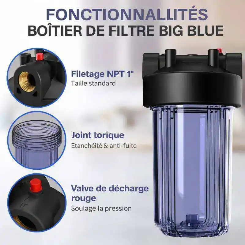 Filtre Big Blue Diproclean, système de filtration pour eau, avec raccords pour filtration anti-fuite et régulation de pression, idéal pour l'assainissement de l'eau domestique ou professionnelle.