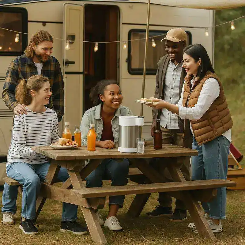 Journée en camping entre amis à table.