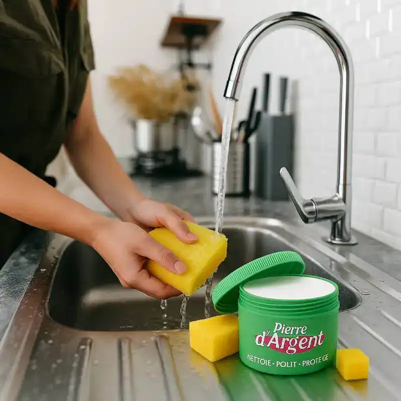 évier de cuisine avec sponge et produit de nettoyage Pierre d'Argent, nettoyage efficace, entretien maison, détartrant naturel, produits écologiques pour la cuisine.