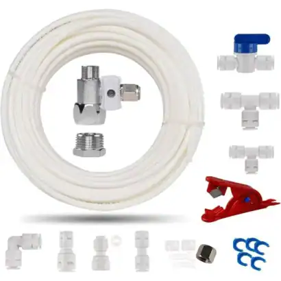 raccords-tube-frigo-osmoseur - Boutique Diproclean Flexible de raccordement pour machine à café, kit d'installation plomberie, tube en plastique PVC, avec raccords et accessoires.