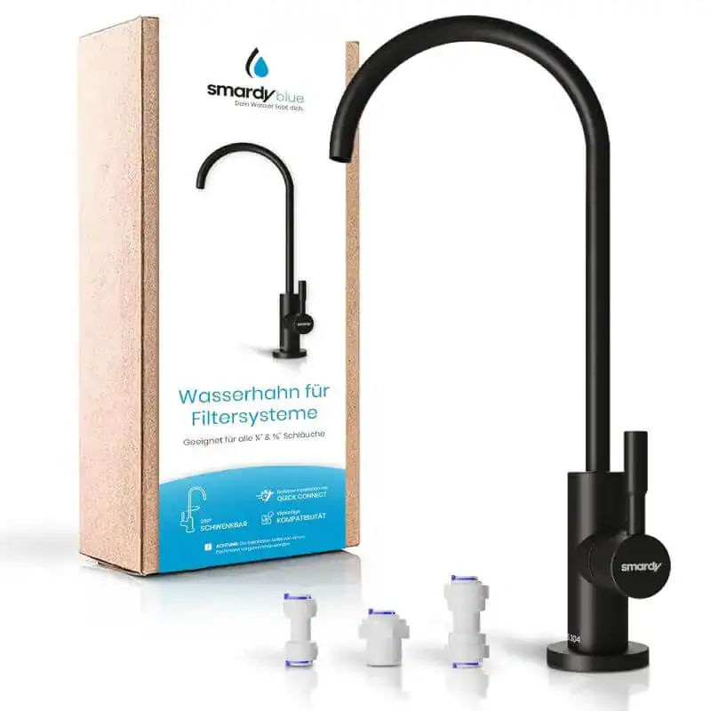 robinet-col-cygne-osmoseur-noir - Boutique Diproclean Wasserhahn filtrant adaptable pour toutes les cuisines, noir mat, avec système de filtration Smardy Blue, idéal pour une eau saine et purifiée, compatible avec les tuyaux de 6-8 mm.