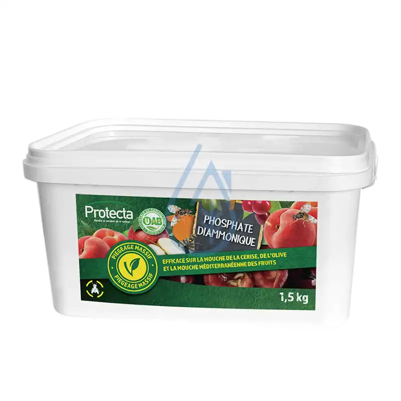 seau-phosphate-mouche-olive - Boutique Diproclean Phosphate diamonnique pour traitement des vergers, efficace contre chrysopes, oliviers et cultures fruitières, produit biodégradable et adapté à la lutte contre nuisibles, 1,5 kg.