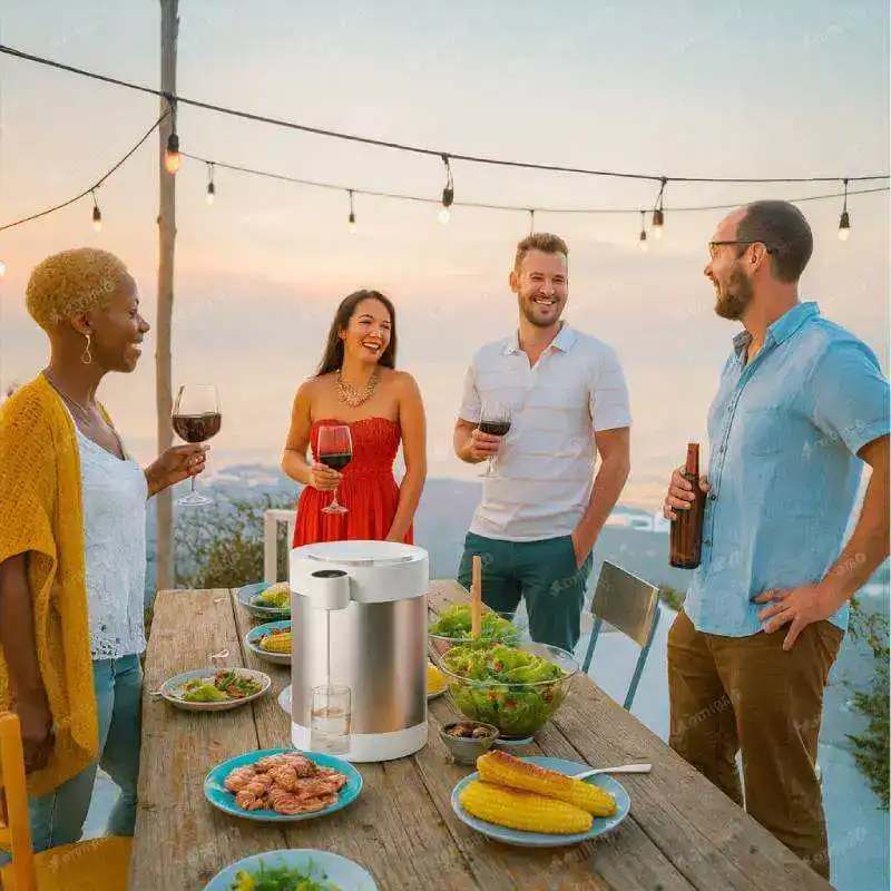 Bouteille de nettoyage et accessoires Diphoclean sur une table de barbecue en extérieur, idéal pour la propreté et l'entretien, convivialité et cuisine d'été, produits professionnels de nettoyage pour l'extérieur.