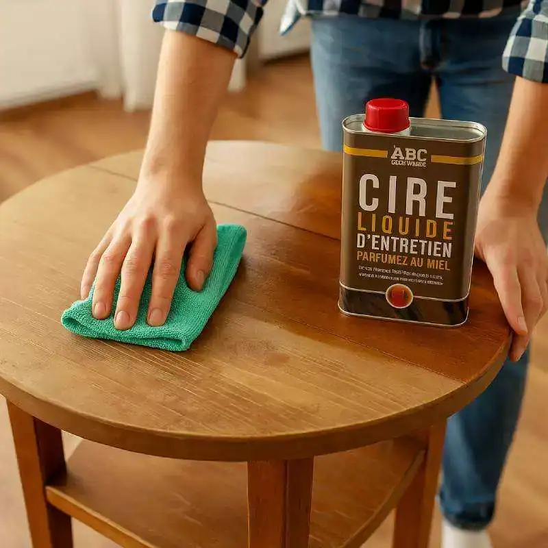 Cire liquide d'entretien parfum miel, nettoyant pour meubles, application facile avec chiffon en microfibre sur table en bois. Produit d’entretien pour une finition parfaite.