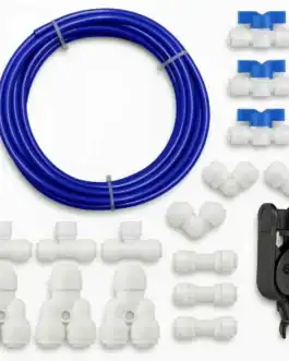 Flexible tuyau bleu pour système de plomberie, raccords et outils de fixation pour nettoyage et entretien. Kit complet pour installation sanitaire ou filtration d’eau. Matériel de qualité Professionnelle.