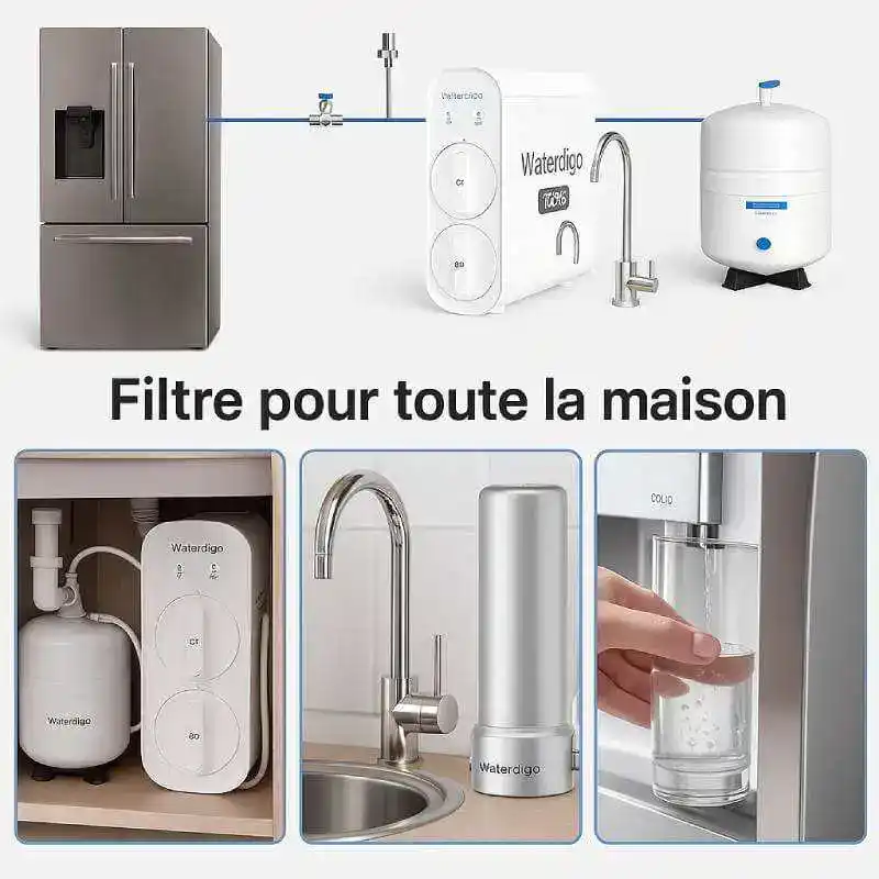 Filtre d'eau pour réfrigérateur et robinet, purification maison, Waterdigo, installation simple, adoucisseur d'eau, filtration efficace, accessoires pour la maison, eau saine, filtres pour toute la maison, confort et bien-être.