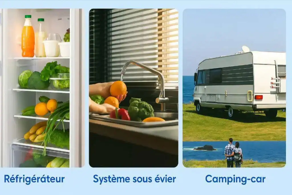 usages-filtre-3US-AF01 - Boutique Diproclean Réfrigérateur rempli de produits frais et sains, parfait pour garder vos aliments au frais dans votre maison ou camping.