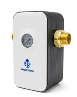 Valve de régulation de pression d'eau pour systèmes de plomberie, notamment pour adoucisseurs d'eau et filtres. Conception compacte avec manomètre et raccords en laiton. Maintenance facile et haute performance.