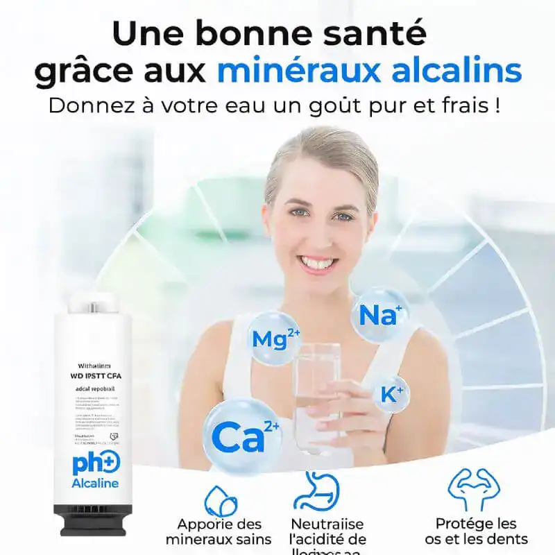 1. Minéraux alcalins pour une santé optimale, eau pure et fraîche, bicarbonate, sodium, potassium, calcium, magnesium, source d'hydratation saine.