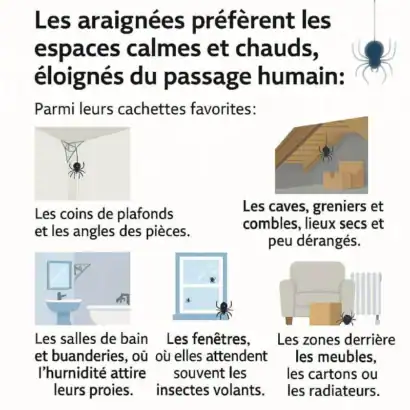 cachettes-araignees-maison - Boutique Diproclean Les araignées préfèrent les espaces calmes et chauds, éloignés du passage humain: cachettes favorites comme plafonds, caves, greniers, derrière meubles, fenêtres, rangements et zones humides.