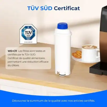 Filtre à eau certifié TÜV SÜD pour parfaite filtration et réduction du chlore, idéal pour cafetière, machine à café, et buanderie, garantissant une eau de qualité optimale.