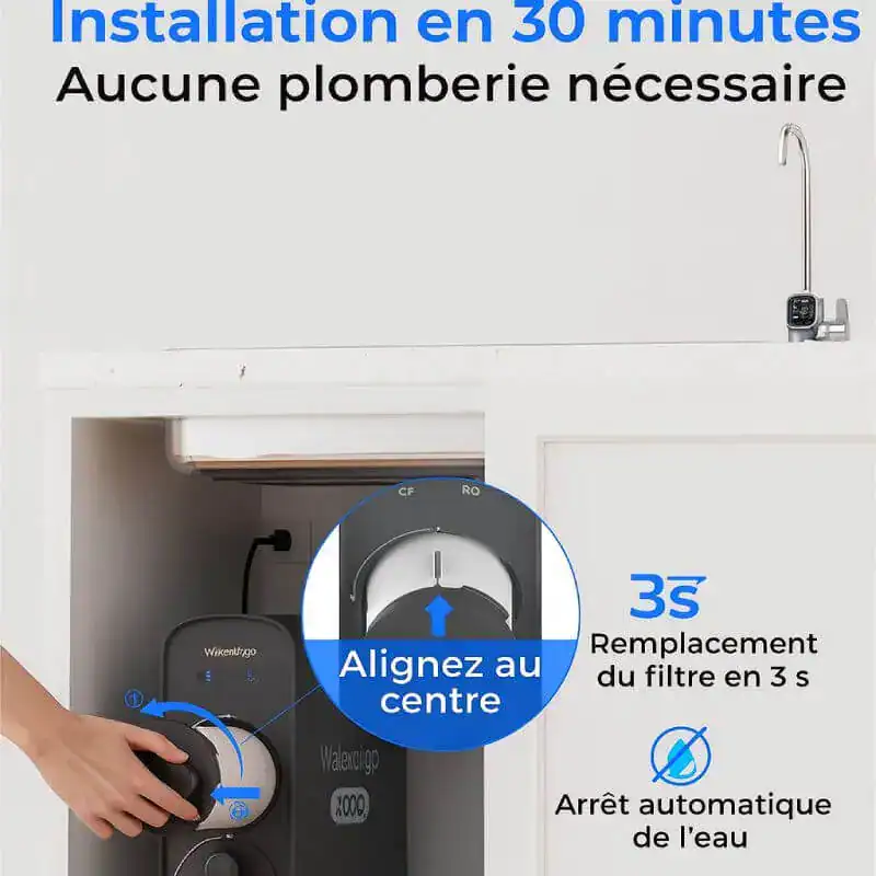 Filtre à eau pour système de purification rapide, remplacement en 3 secondes, installation facile sans plomberie, adapté aux appareils de purification d'eau domestique, qualité et performance optimisées.